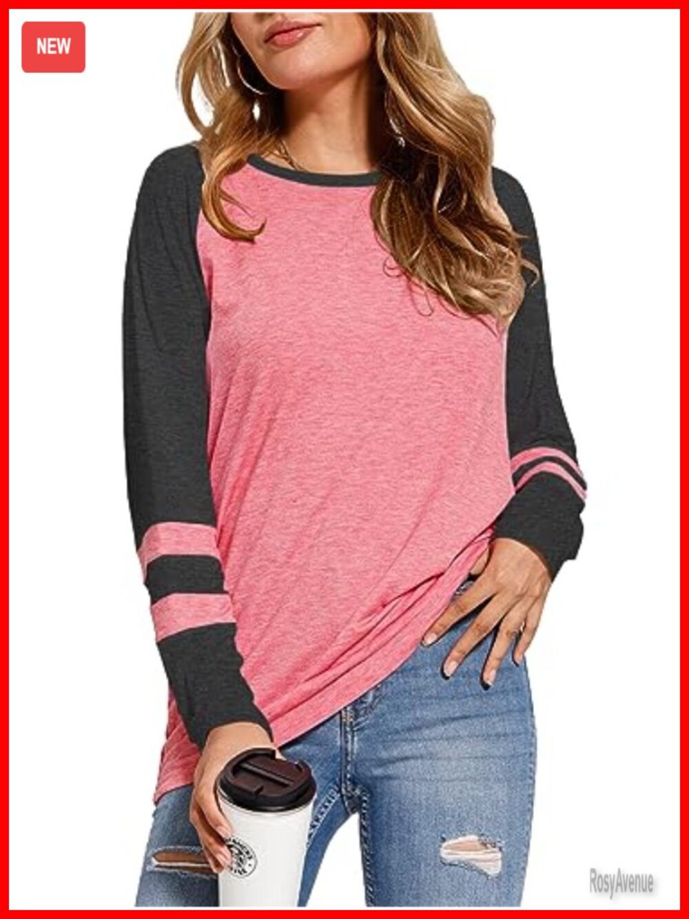 Womens Long Sleeve Tunic Top Loose Fit Color Block Crewneck T-Shirt